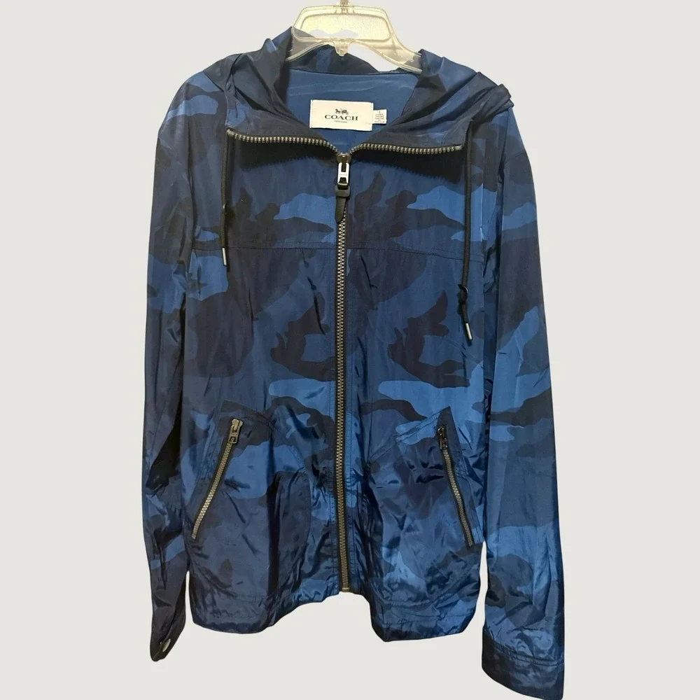 COACH Men's Nylon Trainer Hooded Windbreaker Jacket Blue Camo Outdoor SZ Small - Picture 2 of 14